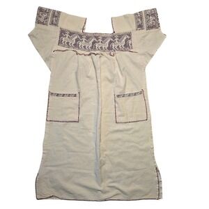 Vtg Mexican Huipil Dress Hand Embroidered Horse on Rider Oaxacan‎ Tunic Pockets